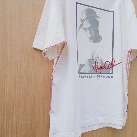 VTG Y2K Tupac Makaveli Beige Embroidered Hip Hop Streetwear Tee Shirt Size XL - Picture 5 of 8